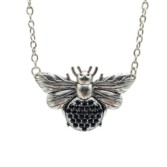 Vintage Silver Tone Bee Necklace With Black Rhinestones - Picture 1 of 4